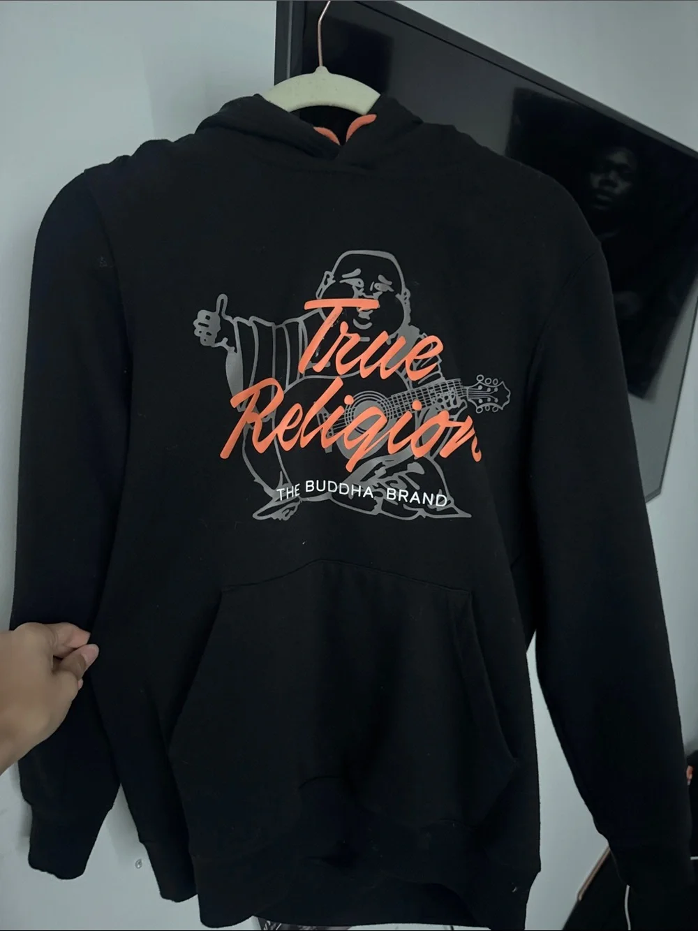 True Religion Black Hoodie with Orange Script Logo